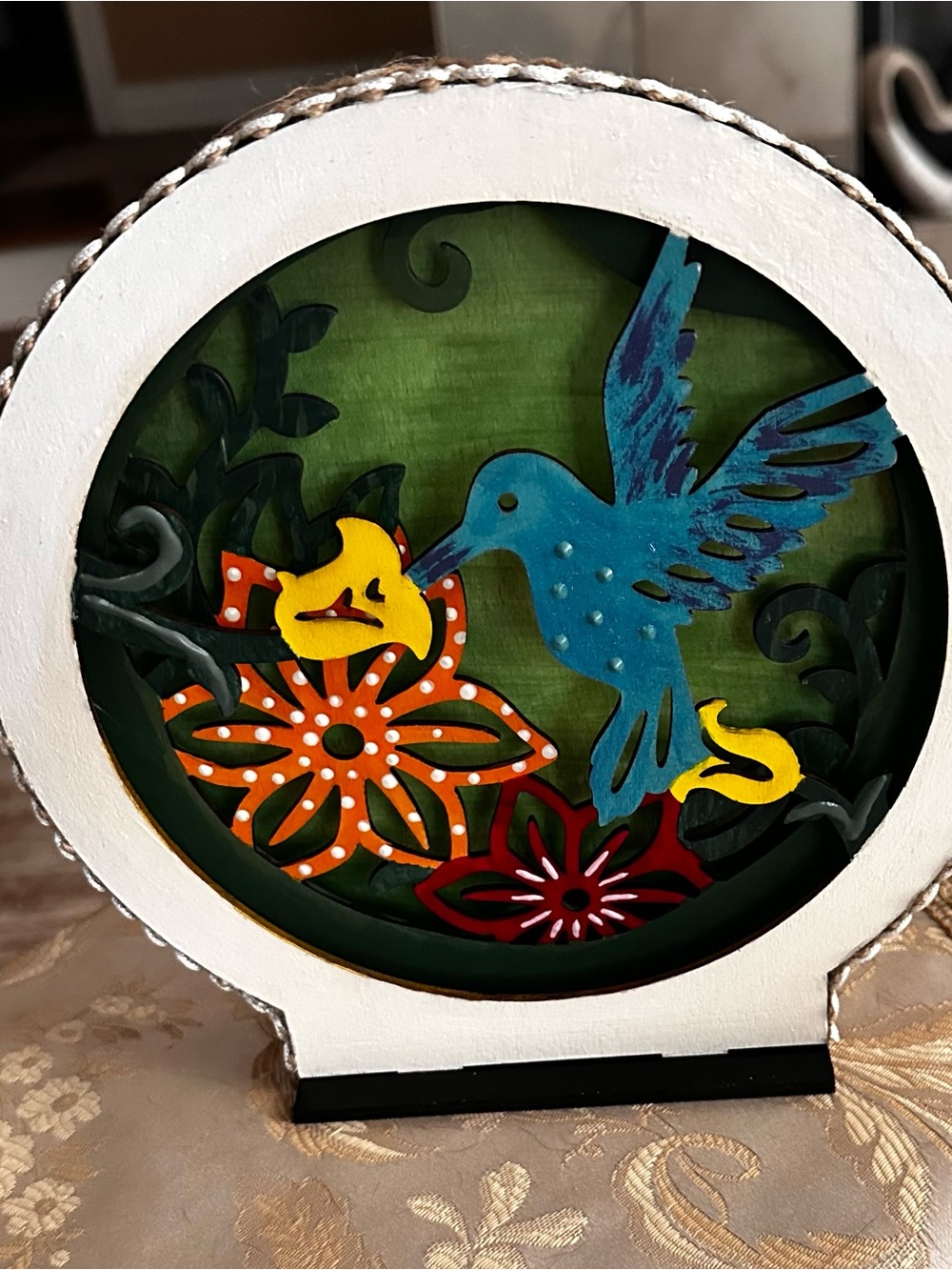 Hand Crafted Blue Hummingbird with Orange & Yellow Flowers 3d Shadow Box decor - Picture 9 of 15